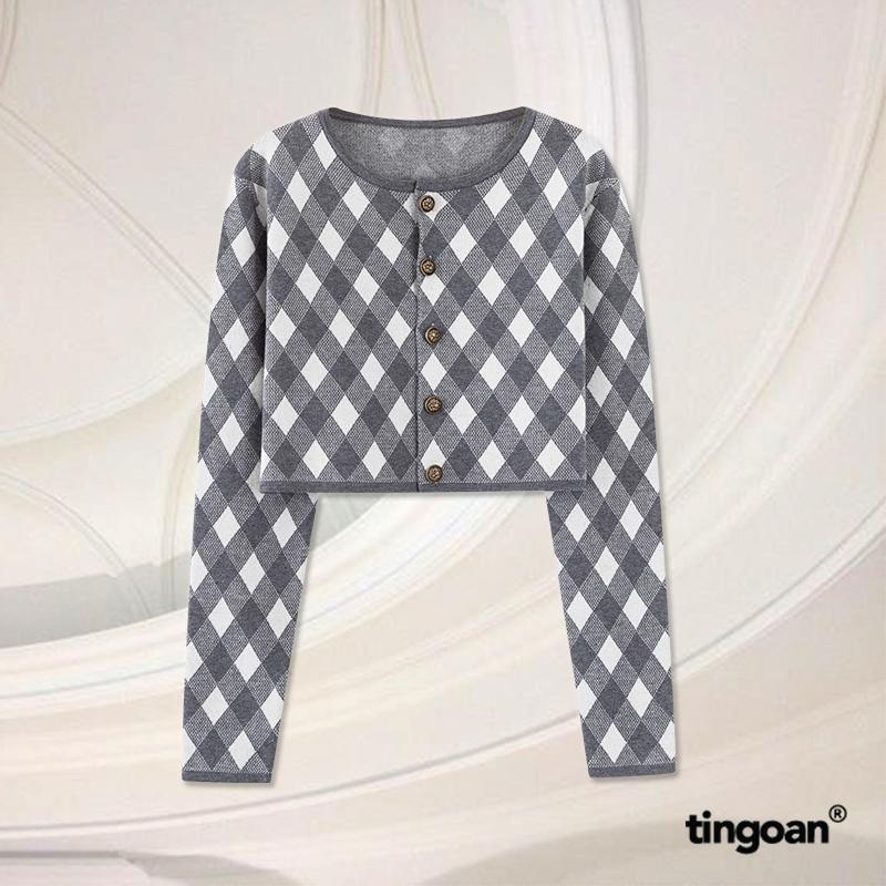 TINGOAN - Áo cardigan set len crop kẻ quả trám tặng kèm quây xám tingoan LOVE YOU BACK CARDIGAN/GR