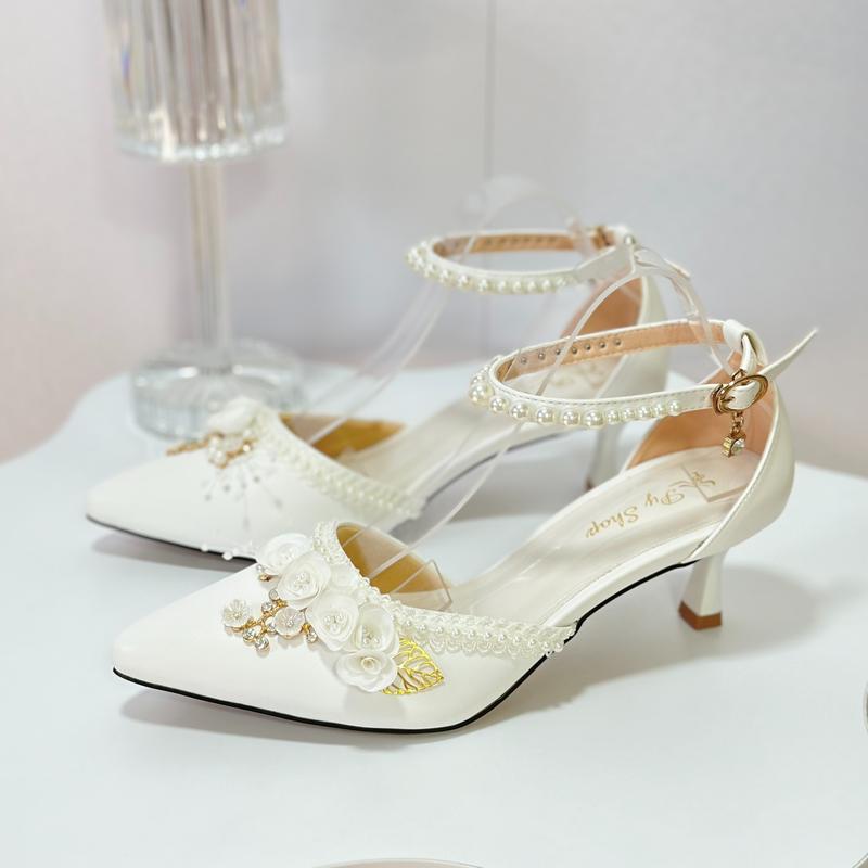  Giày Mũi Nhọn Gót 6cm Viền Ren+ Mũi Đính Hoa Lụa_ Quai Hậu Đính Hạt Châu_ Giày đi tiệc_ Giày cưới cô dâu Nữ Shoes Women Có Quai DéP giay  got 