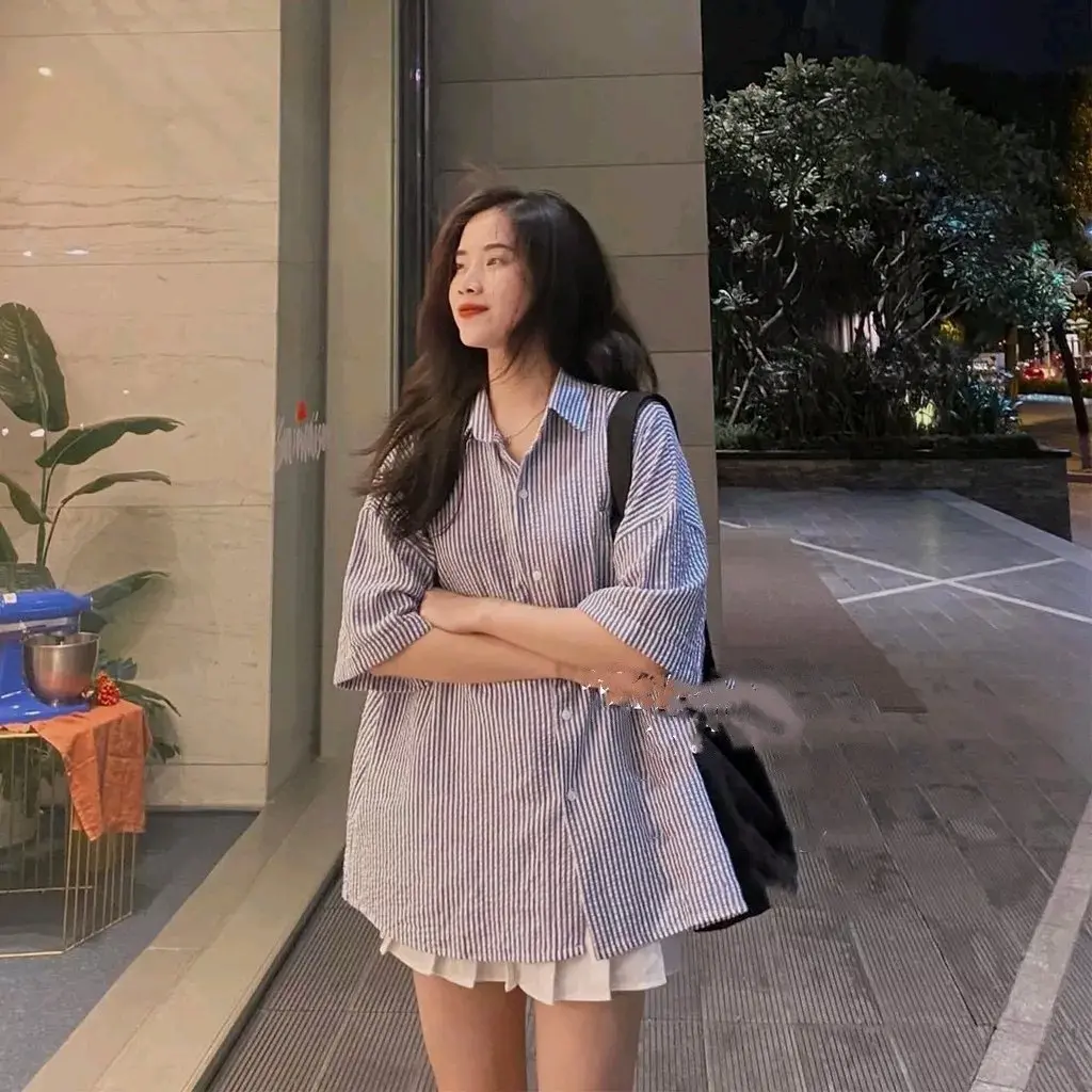 Áo sơ mi kẻ from rộng phong cách Hàn Quốc bốn màu