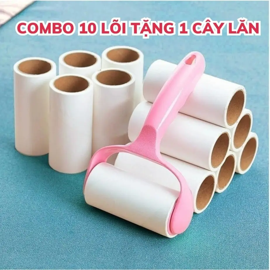 Combo 10 Lõi Lăn Bụi TẶNG KÈM 1 CÂY LĂN, Cây Lăn Bụi Làm Sạch Quần Áo, Chăn Ga, Đệm Sofa, Thanh Lăn Lông Chó Mèo
