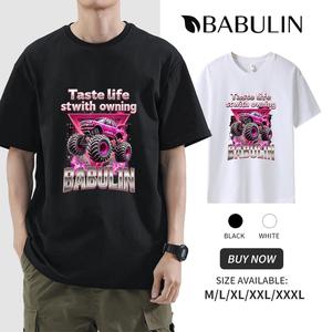 BABULIN Pure Cotton 260g Pink Go-Kart Printed T-shirt for Men Short Sleeve Crew Neck Casual Summer Fitted Slogan Tee