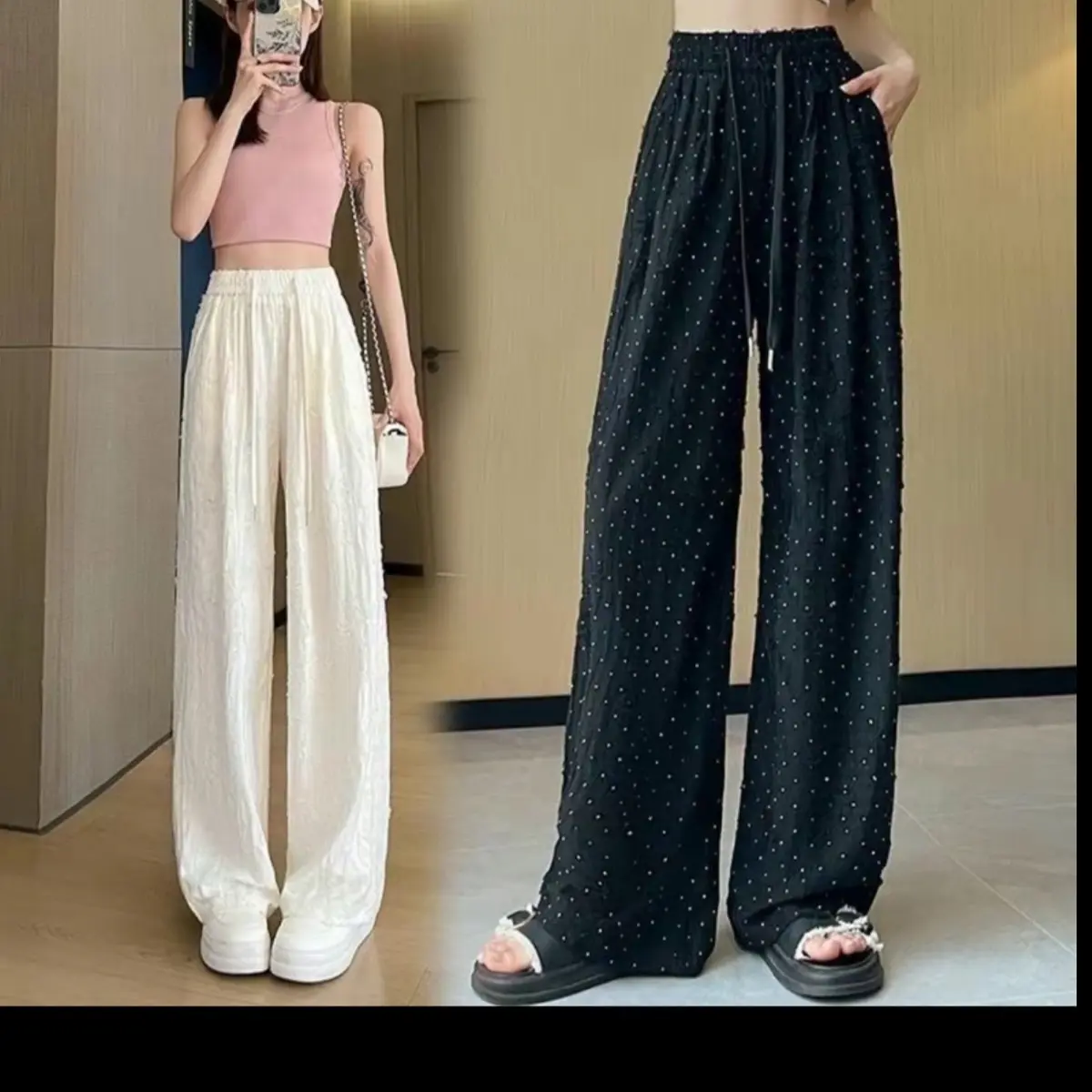 Quần xuông  đính đá  rách cá tính co giãn mềm mát  có tui cheo 2 bên Nữ Women