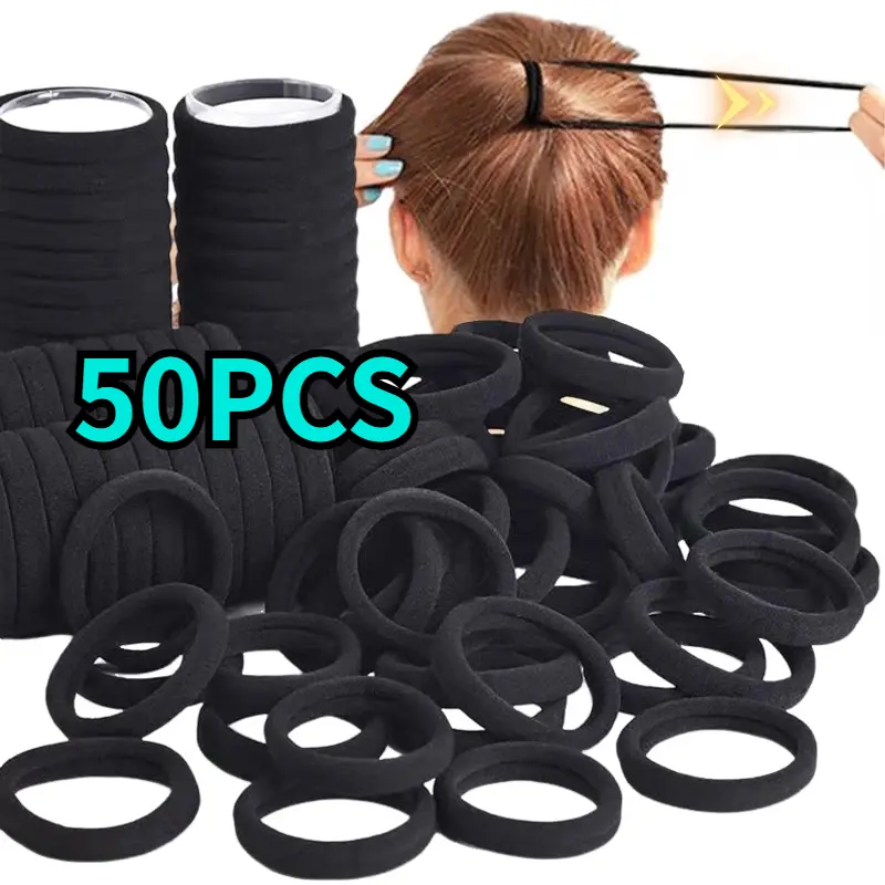 50pcs Black Hair Ropes Women Girls Hairband High Elastic No Seams Rubber Band Hair Ties Ponytail Hairbands Hair Accessorie