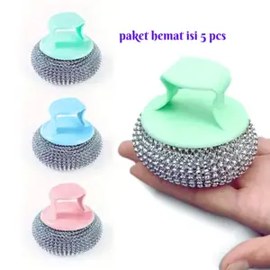 Spon Kawat Cuci Piring Stainless Steel Isi 5 Sponge Dapur Dengan Gagang Mudah Di Pegang Alat Sikat Panci Wajan Serat Kawat Baja Multi Fungsi