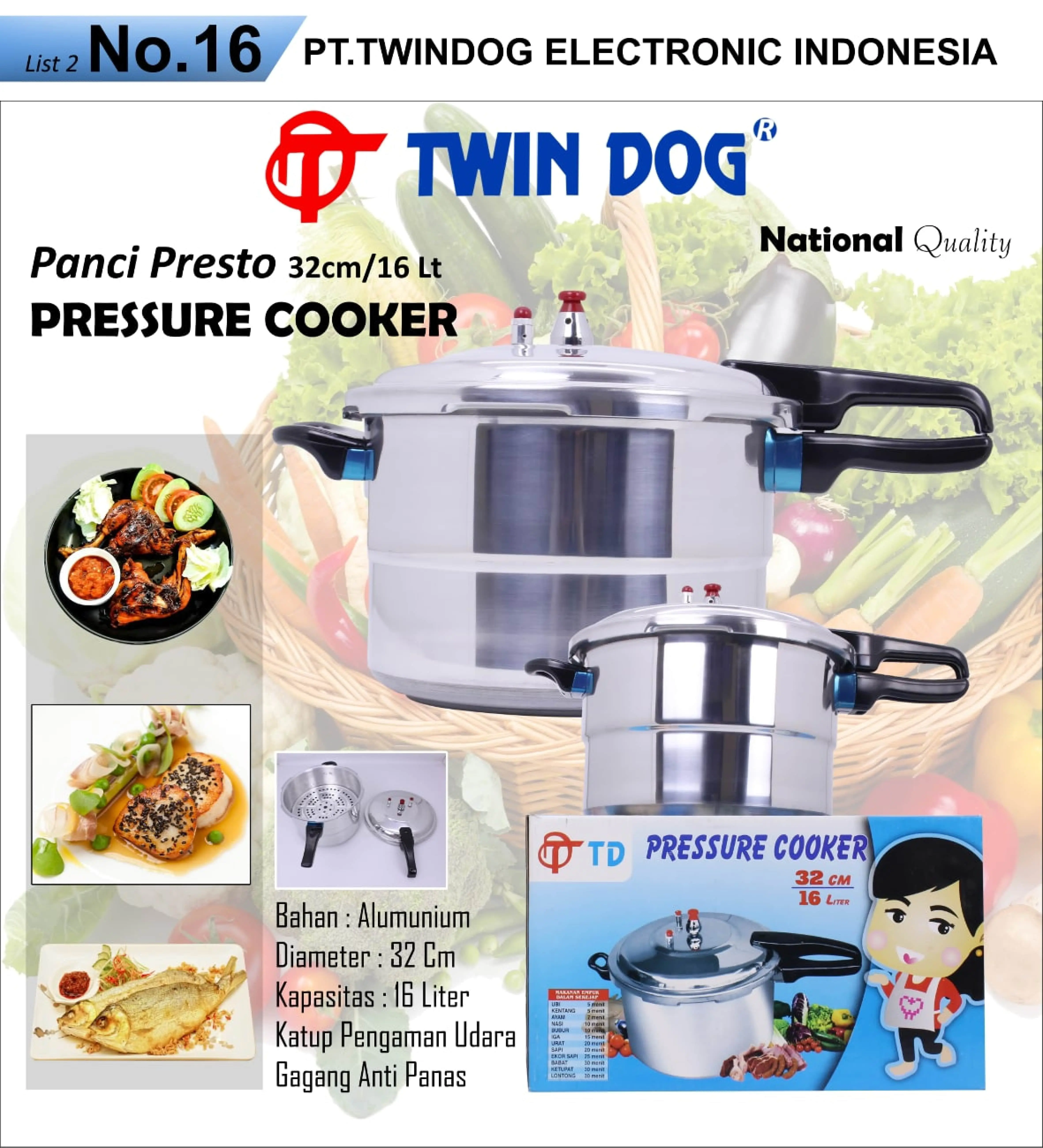 Twin Dog Panci Presto 32 cm 16 Liter Pressure Cooker Bahan Aluminium