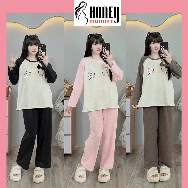 Bộ Đồ Bầu Thu Đông Áo Dài Tay Quần Dài Cổ Tròn Vải Tăm Mềm Cao Cấp In Mèo Dễ Thương Xinh Xắn Đính Nơ HT4733 Honey Mommy