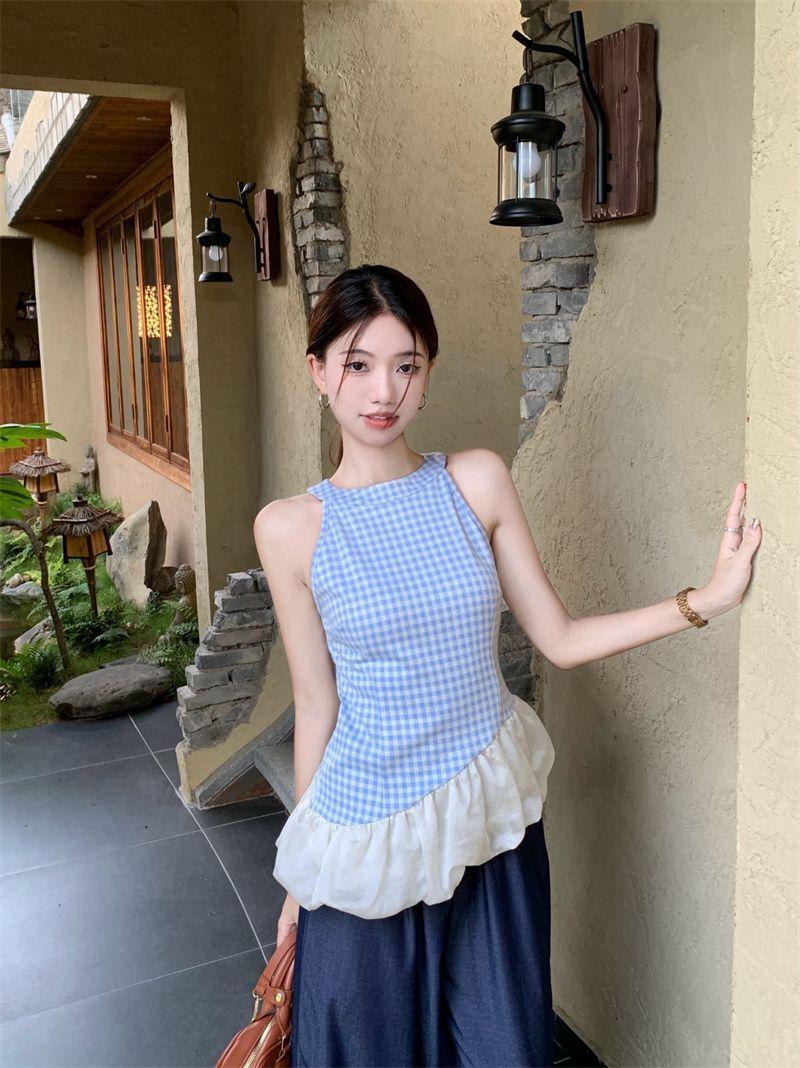 Product Introduction of Áo Vest Cổ Yếm Kẻ Sọc, Hàng Mới Về Mùa Hè, Thiết Kế Sang Trọng, Không Tay, Khâu, Dây Đeo Spaghetti Bất Đối Xứng Phong Cách Cô Gái Nóng Bỏng, Áo Trên 23