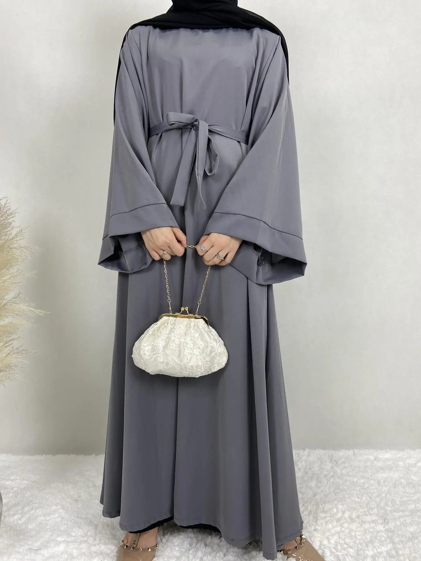 Arabic Clothing-Solid Flounce Sleeve Belted Kaftan, Elegant Long Sleeve Tie Front Long Dress for Women, Women's Clothing for Daily Wear, Closed Abaya, Lady Basic Eid Clothes Caftan