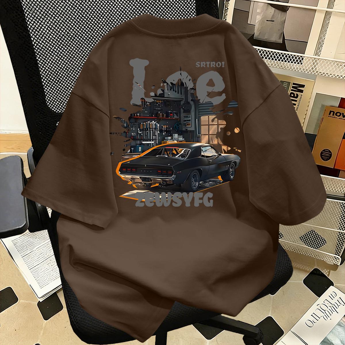 100% Katun Gaya Pakaian Kerja Retro Amerika, Kaos Lengan Pendek Motif Mobil Otot Retro, Garasi, Longgar, Kasual, Kerah Bulat, Unisex