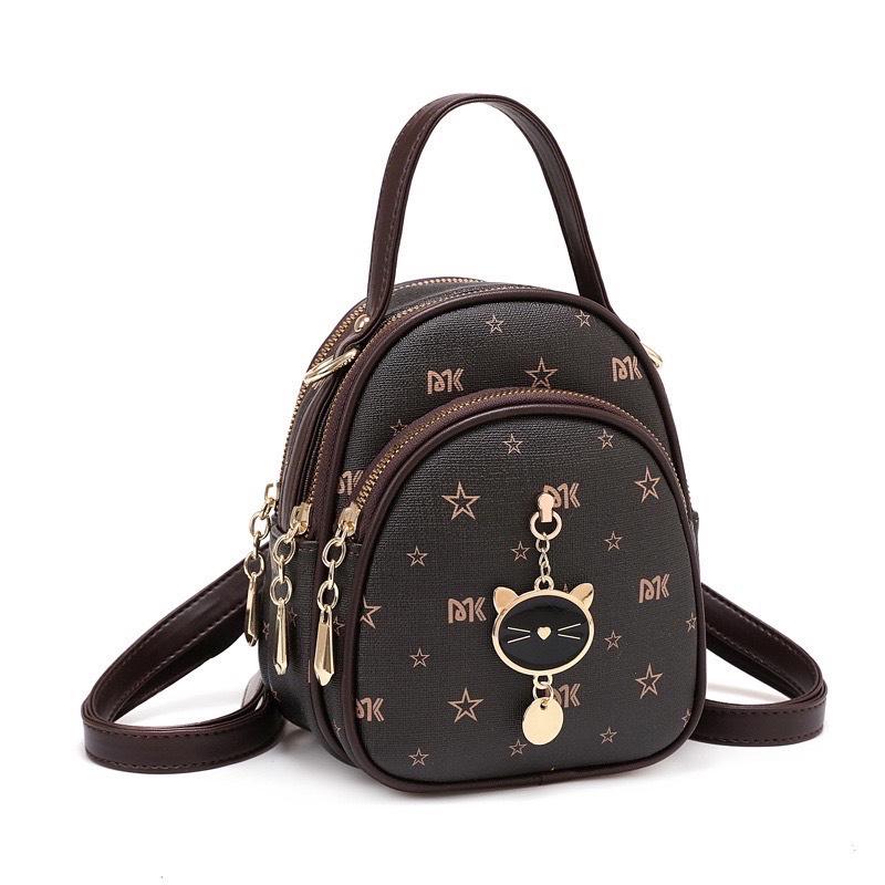 Balo Túi xách nữ mini thời trang đi chơi du lịch hoạ tiết phối móc khoá mèo - TDC240 Bag Da Đeo Vai Nhung Kem Hoa kẹp