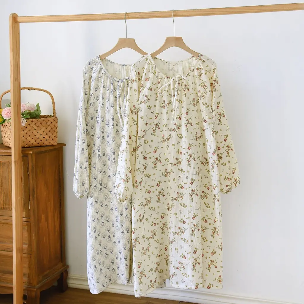 Ladies Cotton Long-Sleeved Nightdress Simple Large Size Double-Layer Gauze Home Skirt Crepe Round Neck Pu