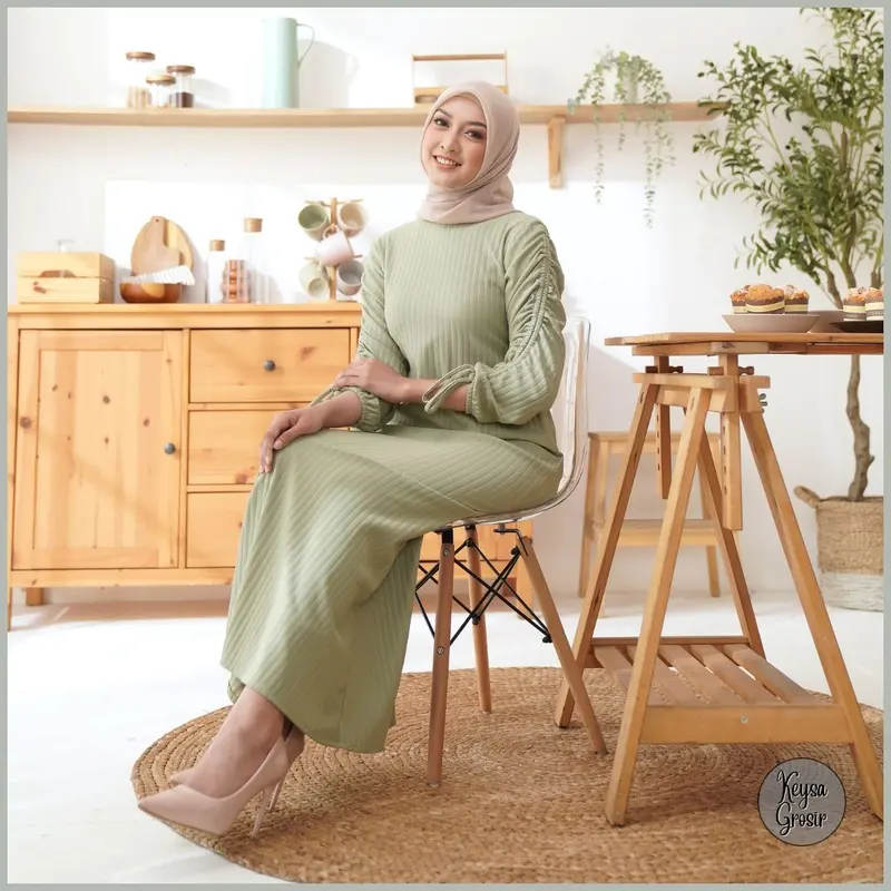 Baju Wanita Jennie Dress Hornet Knit Lengan Serut Muslim Nyaman Panjang Gamis  Maxi Pesta Remaja 6