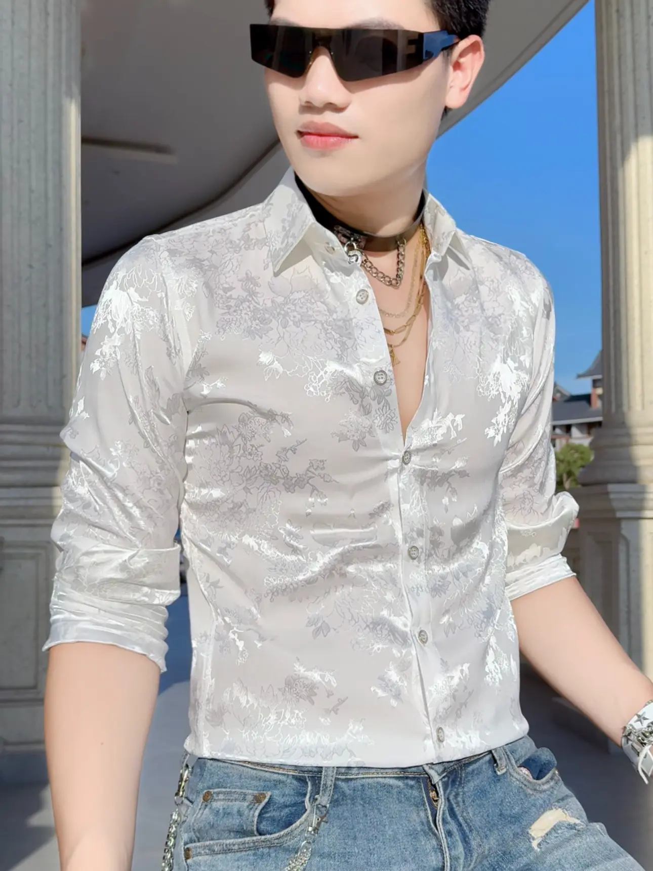 Sơ Mi Lụa Nam Hoa Tuyết Dệt Kim Đẹp Phong Cách