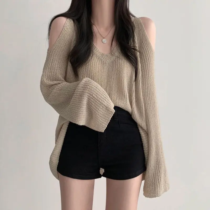 Áo Len Trễ Vai, Màu Trơn Phong Cách Thường Ngày Dài Tay, Dành Cho Nữ, Cổ Chữ V, Gợi Cảm, Áo Chui Đầu Tesn