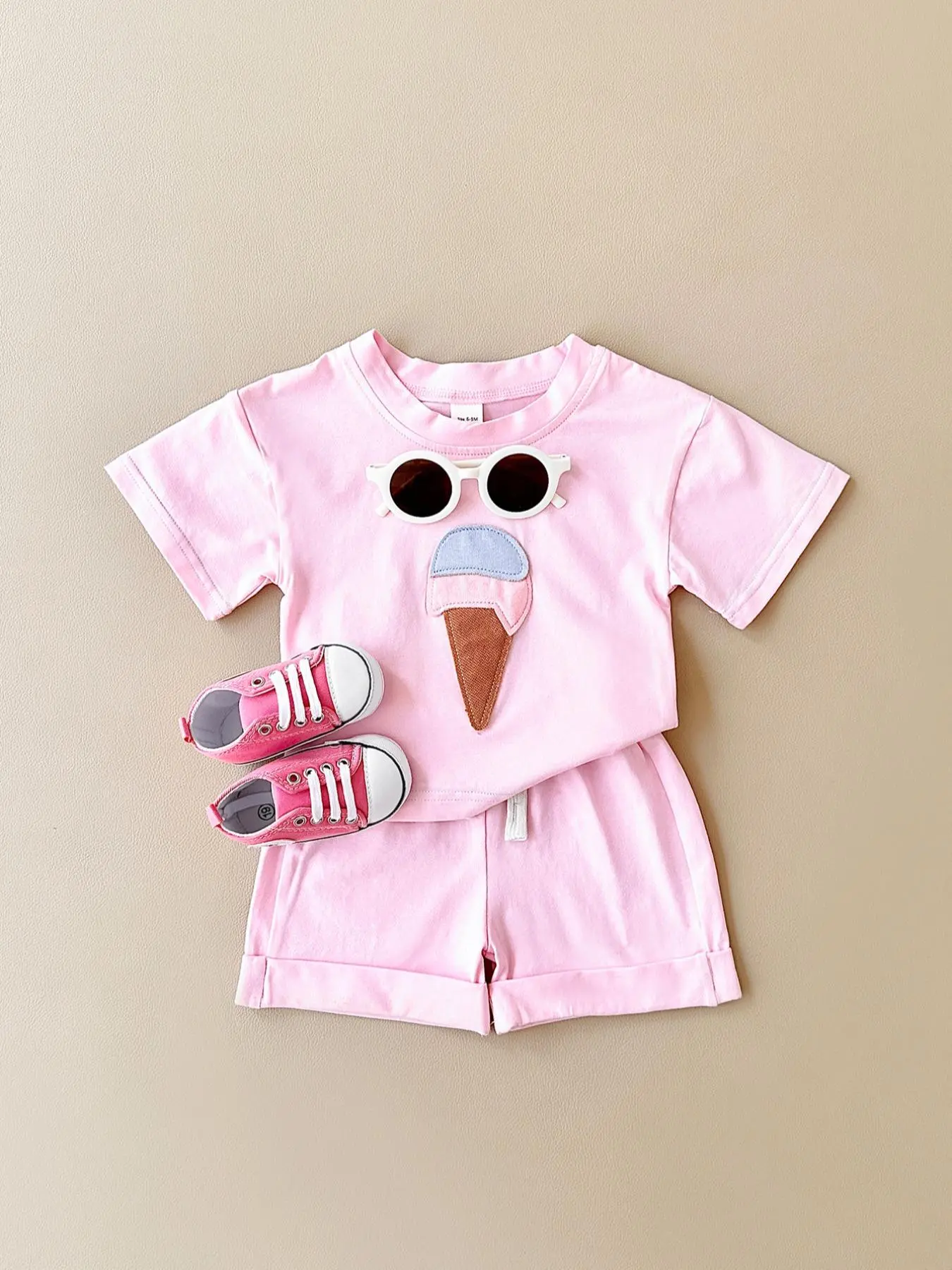 Baby's Ice Cream Patch Short Sleeve Tee & Shorts Two-piece Set, Cute Casual Round Neck T-shirt & Shorts for Daily Wear, Infant Toddler Kids Summer Clothes, Clothing