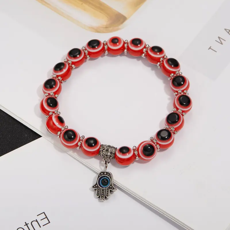 Vòng Tay Co Giãn Mặt Dây Chuyền Đính Cườm, Chất Liệu Hợp Kim, Thiết Kế Mắt Màu Xanh Rỗng Lòng Bàn Tay, Phong Cách Cặp Đôi Đơn Giản, Bán Hàng Trực Tiếp Từ Nhà Máy, Đồ Trang Sức 7