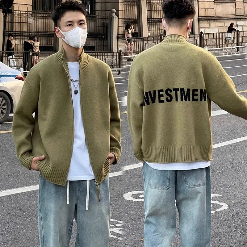 Áo Khoác Cardigan Dệt Kim Thêu Chữ Áo Len Có Khóa Kéo Ngoại Cỡ Đẹp Trai Mặc Mùa Thu Cho Nam Áo Khoác Thường Ngày Menswear Dài Tay