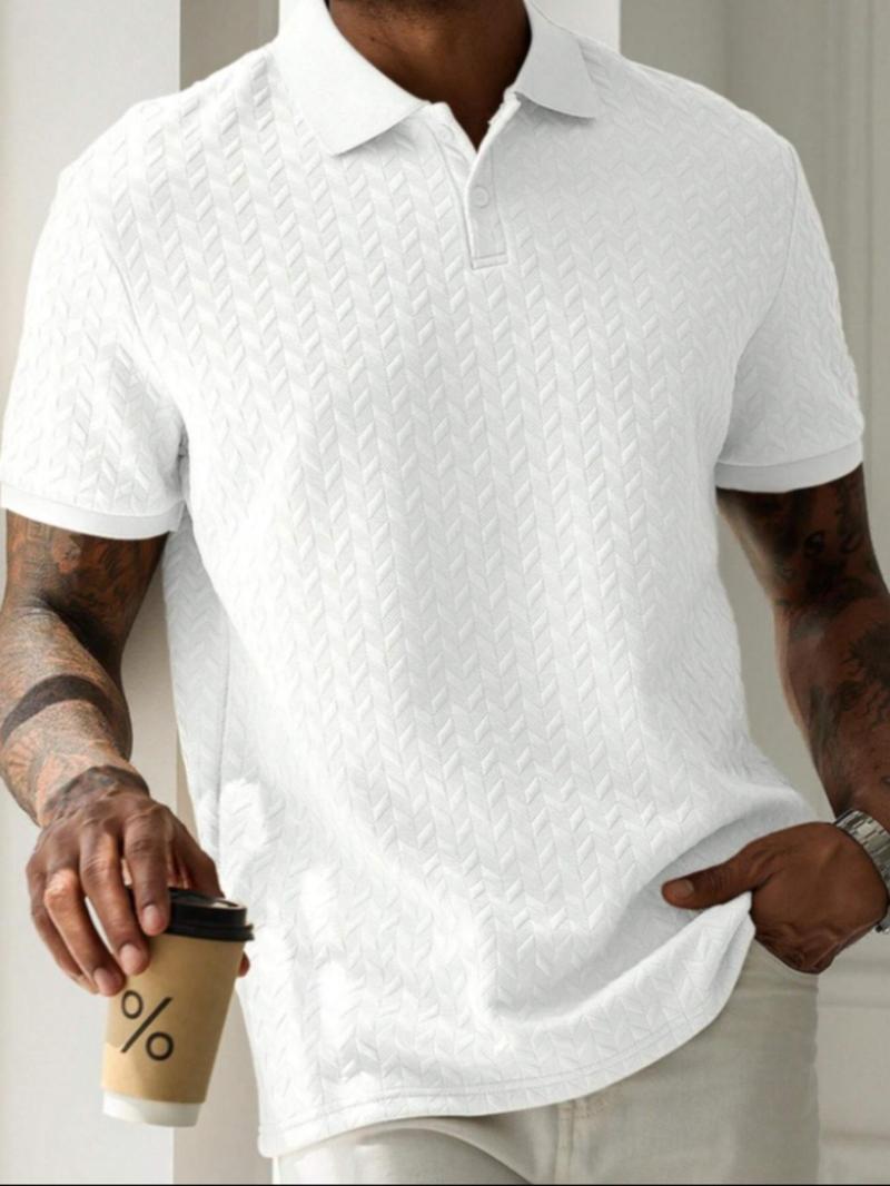 Product Introduction of Men's Regular Fit Plain Jacquard Polo Shirt, Casual Short Sleeve Button Collar Top for Summer, Fashion Men's Clothes for Daily Wear 2