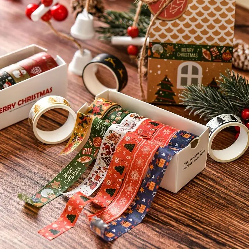 Vintage Christmas Themed Washi Tape Set, 6 Rolls/box Colorful Snowflake & Elk & Tree Pattern Decorative Tape, DIY Decorative Tape for Gift Wrapping 4