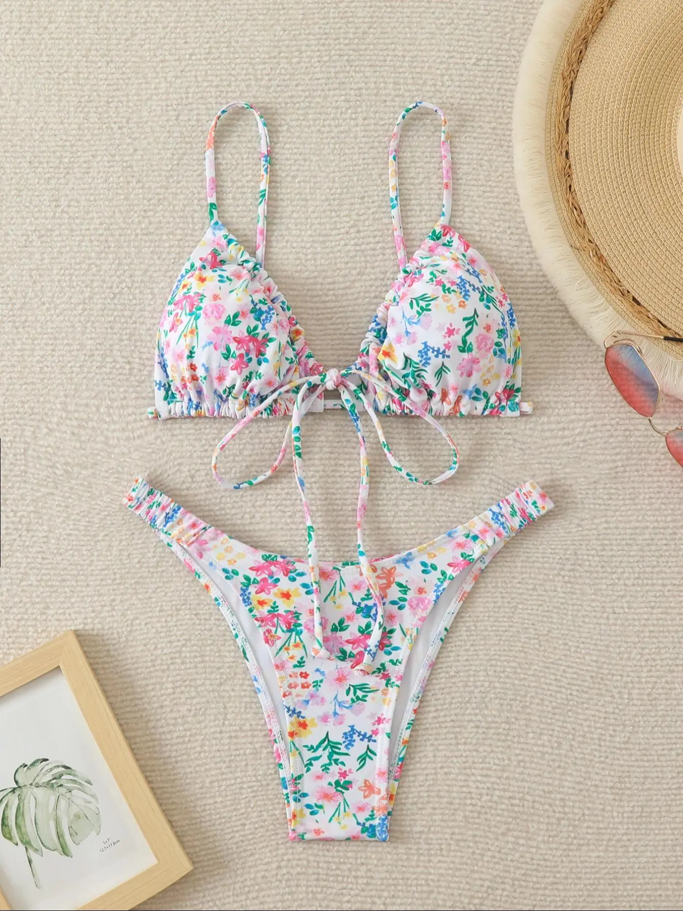Women's Ditsy Floral Print Bikini Set, Adjustable Strap Tie Front Triangle Swim Bra & High Cut Swim Panty, Summer Beach Holiday Vacation Swimwear Set for Women