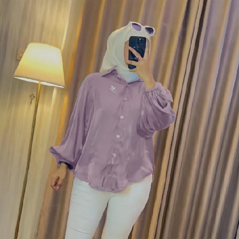 Thalia kemeja shimmer atasan polos glitter lengan balon Jumbo size M - 2XL Cantik Formal Katun Motif Panjang Silk Wanita 3
