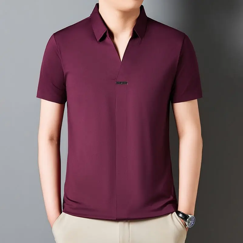 [Jennifer]Summer New Men's Short-Sleeved Shirt V-neck Pullover High Elastic Fashion Shirt Pure Color Seamless Anti-Wrinkle Ironing-Free