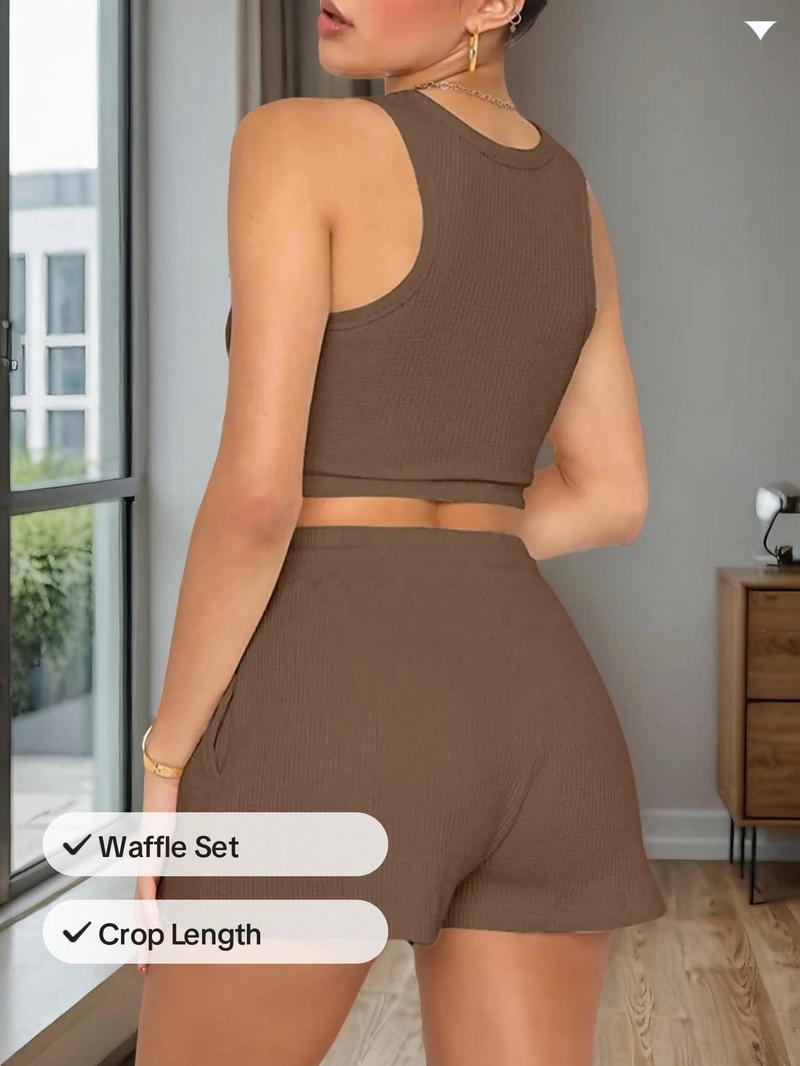 Product Introduction of Women's Solid Crop Tank Top & Shorts Two-piece Set, Casual Fashion Cozy Two Piece Outfits for Daily Outdoor Wear, Ladies Clothes for Summer, Tracksuit 3
