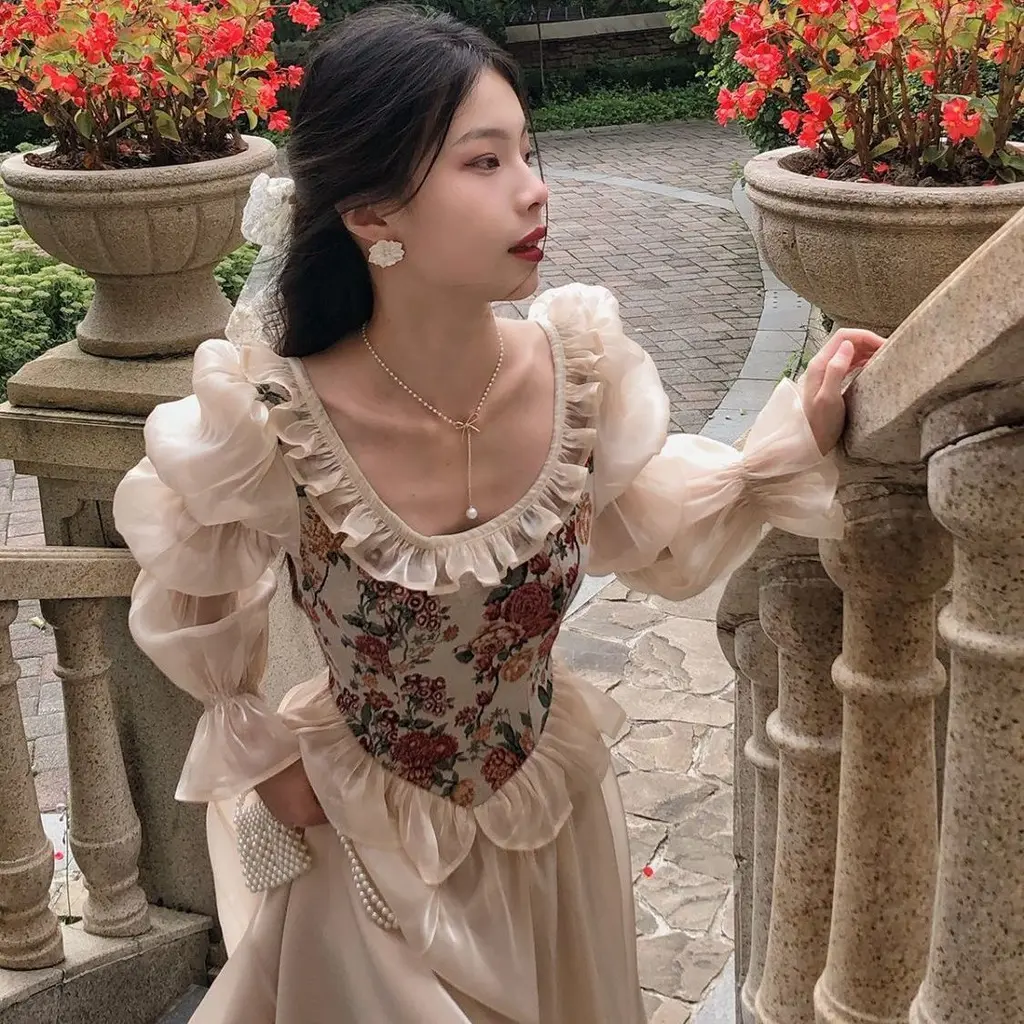 25OCLOCK -  Dress Modern Vintage / Dress Prancis Cantik Ala Kerajaan Baju Panjang Wanita Gaun Pesta Floral