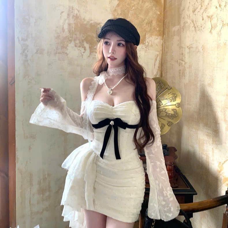  Váy Body Liền Ren Mền Dài Tay Co Dãn HaLuu Store HH94 Nữ Kem 