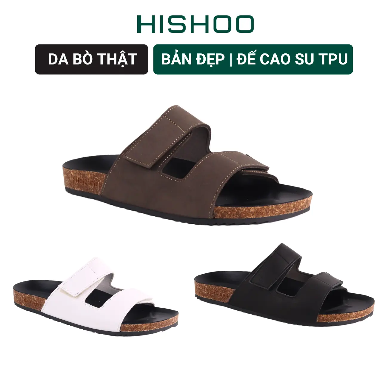 Dép đế trấu birken nam nữ unisex quai ngang đi học công sở xé dán MẶT ĐEN da Bò thật bigsize chính hãng Hishoo VNXK M105