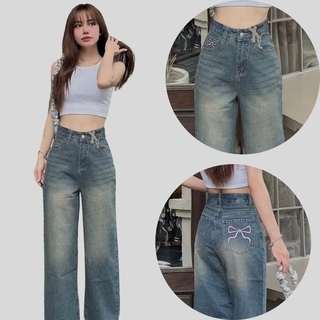 ( NẤM LÙN 38- 69 KG) QUẦN JEANS SUÔNG 1 CÚC CÓ THÊU NƠ, CẠP CAO CHẤT JEANS MỀM XỊN XÒ MS 205