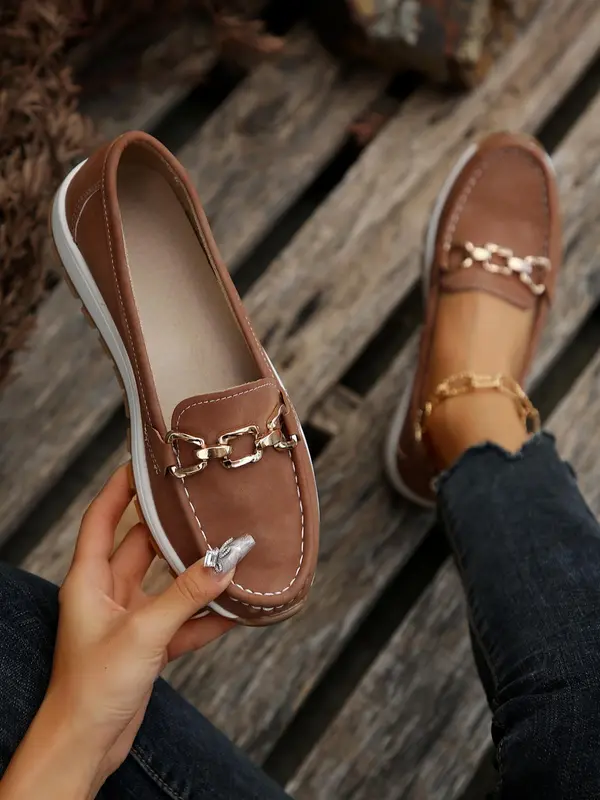 Women's Shoes, Fashion Chain Decorated Low Top Round Toe Shoes, Casual Comfortable Lightweight Slip on Shoes, Female Solid All-match Shoes for Daily Wear, Trending Shoes Girl Footwear 1
