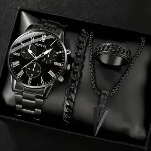 4PCS Jam Tangan Kuarsa Pria Dial Bulat Tali Baja Tahan Karat Cincin Kalung Gelang Fashion Set Hadiah Terbaik Pria(Tanpa Kotak)