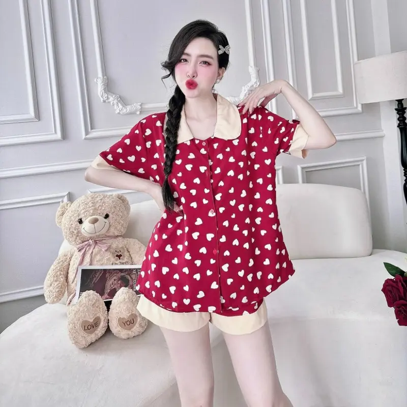 Đồ Bộ Ngủ Pijama Đùi Lụa Nhật Họa Tiết Phối Sang Chảnh Tay Ngắn Quần Đùi Nữ Đùi Bigsize Siêu Xinh Women Nhung Quần Ngủ Áo Nho Voi 3