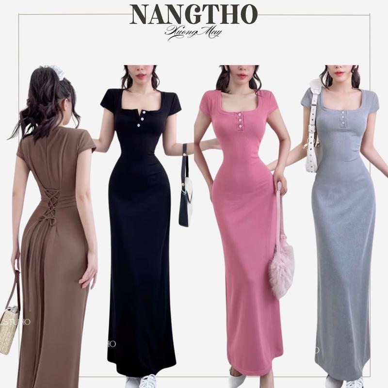 D171 Đầm Dáng Xoè Tay Ngắn Cổ Trụ Thun Gân tăm Trung Co Giãn Nữ Nhung