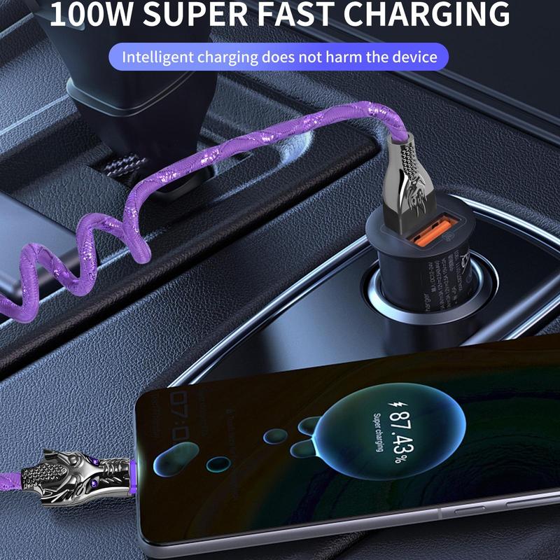 5A 100W LED Light Up Dragon Design USB-C Car Data Cable, Anti-spring Bending Design USB-C Cable, Durable Cable for Samsung Xiaomi OPPO Vivo 8