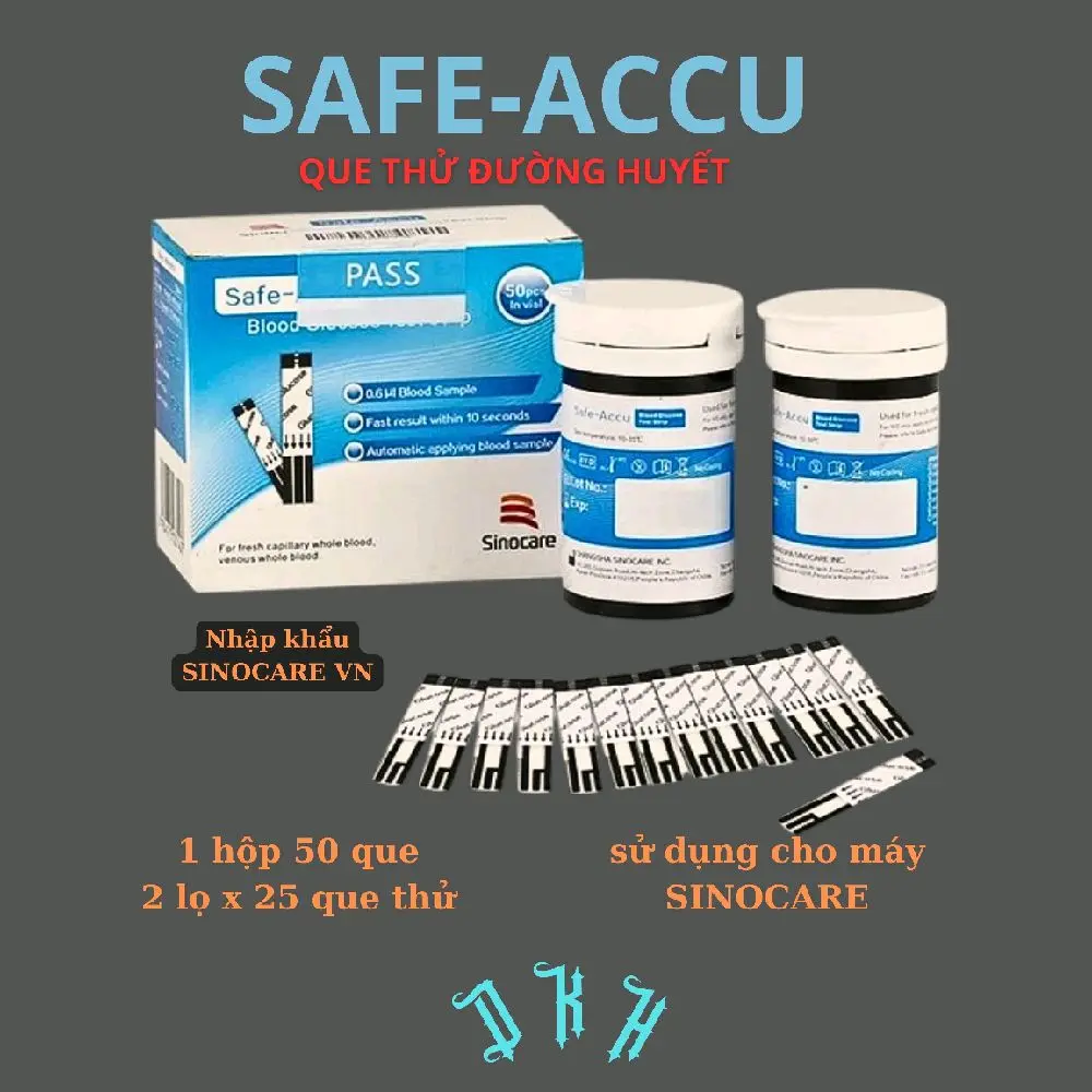 Que thử đường huyết Safe-Accu, dùng cho máy Sinocare, hộp 50 que (2 lọ x 25) + 50 kim