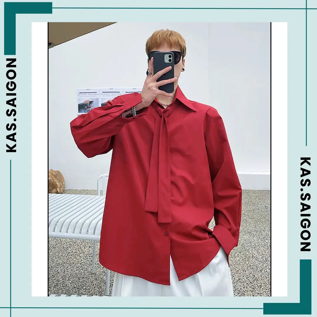 Áo sơ mi nam tay dài mix cà vạt rời Đỏ, Xanh coban, Đen thanh lịch Menswear Shirt