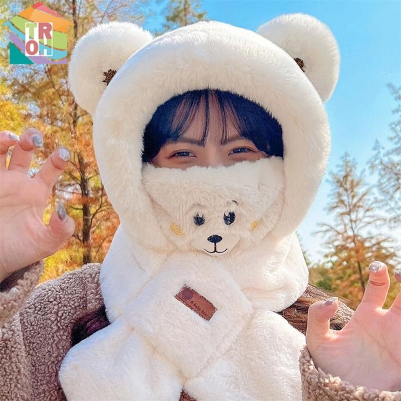 Mũ Thời Trang Combo Khăn Quàng Cổ Mũ Mùa Đông Thiết Kế Hình Gấu Đáng Yêu Khăn Quàng Cổ Có Mũ Trùm Đầu Nhồi Bông Ấm Áp Có Tai Gấu Thích Hợp Cho Mùa Đông Năm Phát Hành: 2024