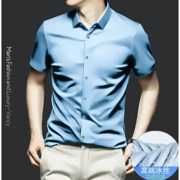 Men Short Sleeves Shirt Anti-Wrinkle Non-Ironing Business Man Clothing Trendy Business Classy Ice Silk Shirt Solid Color Shirt Plus Size Menswear Top Lingerie Tropical Plain Beige
