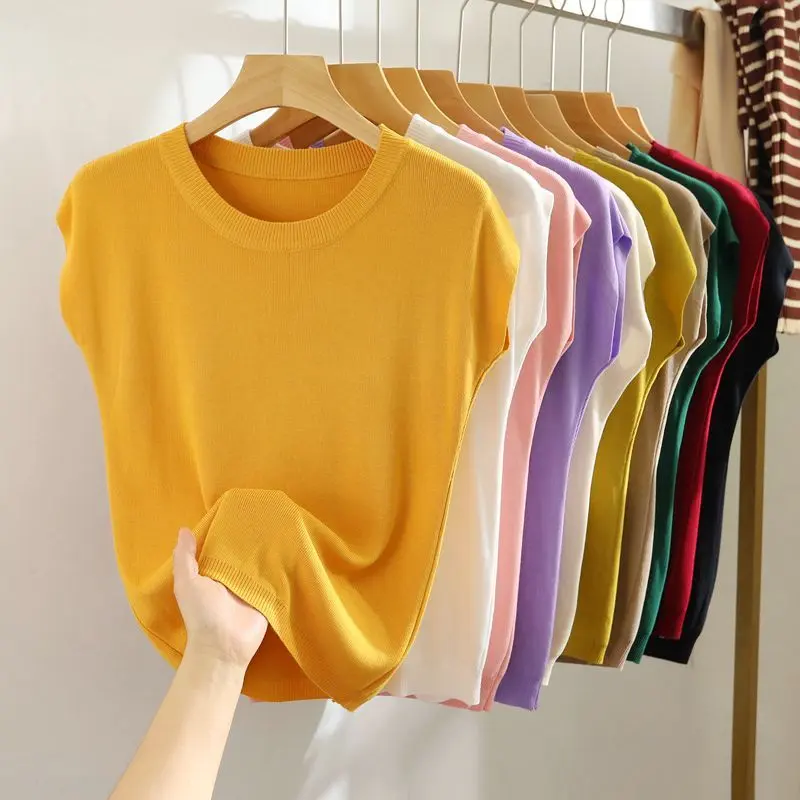 Women's Knitwear Summer Thin 2025 New Western Style Slim Fit round Neck Pure Color All-Matching Drop Shoulder Short Sleeve Top Women's Clothing Womenswear Lingerie Comfort Knitting Basic Crewneck Minimalist