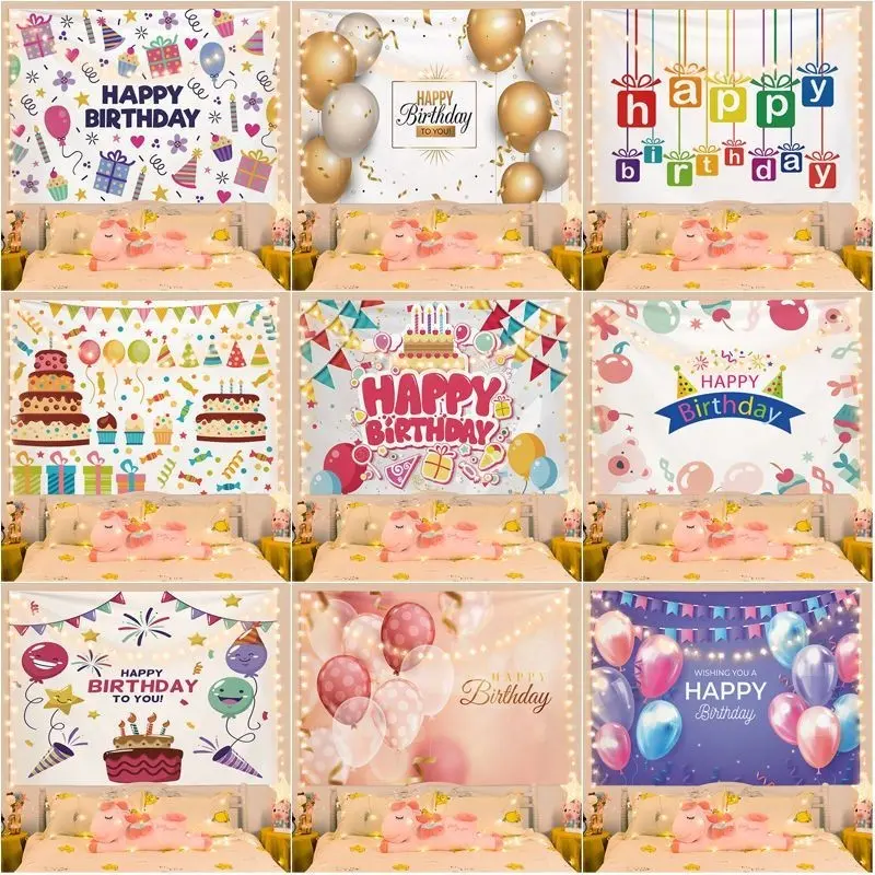 Latar belakang kain gantung selamat hari jadi, hiasan parti kanak-kanak kartun comel, Latar belakang Ins, hiasan bilik tidur, asrama, bilik, pengubahsuaian, permaidani kain gantung di dinding
