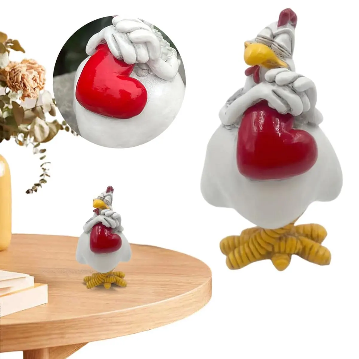 Chicken Figurines Home Decor Rustic Country Kitchen Rooster Holding A Loving Heart Decor Resin Chicken Statue For Nature Lovers