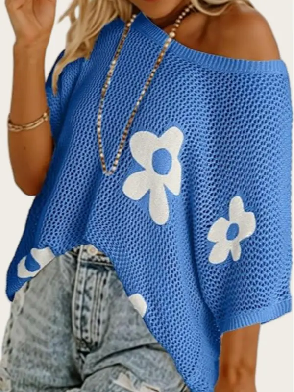 Women's Floral Pattern Crochet Sweater, Casual Half Sleeve Knit Top for Summer, Fashion Women's Knitwear for Daily Wear 2