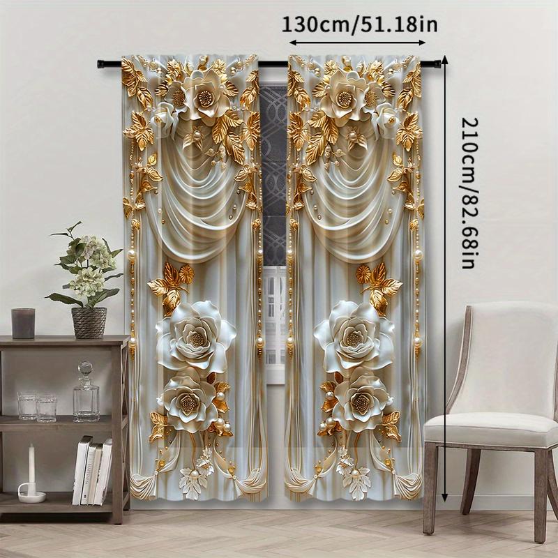 Product Introduction of Rèm Polyester Pongee, Bộ 2 mảnh, Thiết kế hoa màu vàng nổi thanh lịch, Tấm cửa sổ có túi thanh treo bán mờ, thích hợp cho phòng ngủ, rèm in kỹ thuật số phong cách đương đại, dệt kim, trọng lượng vải 100-120g, có thể giặt bằng máy, điều trị trang trí 2