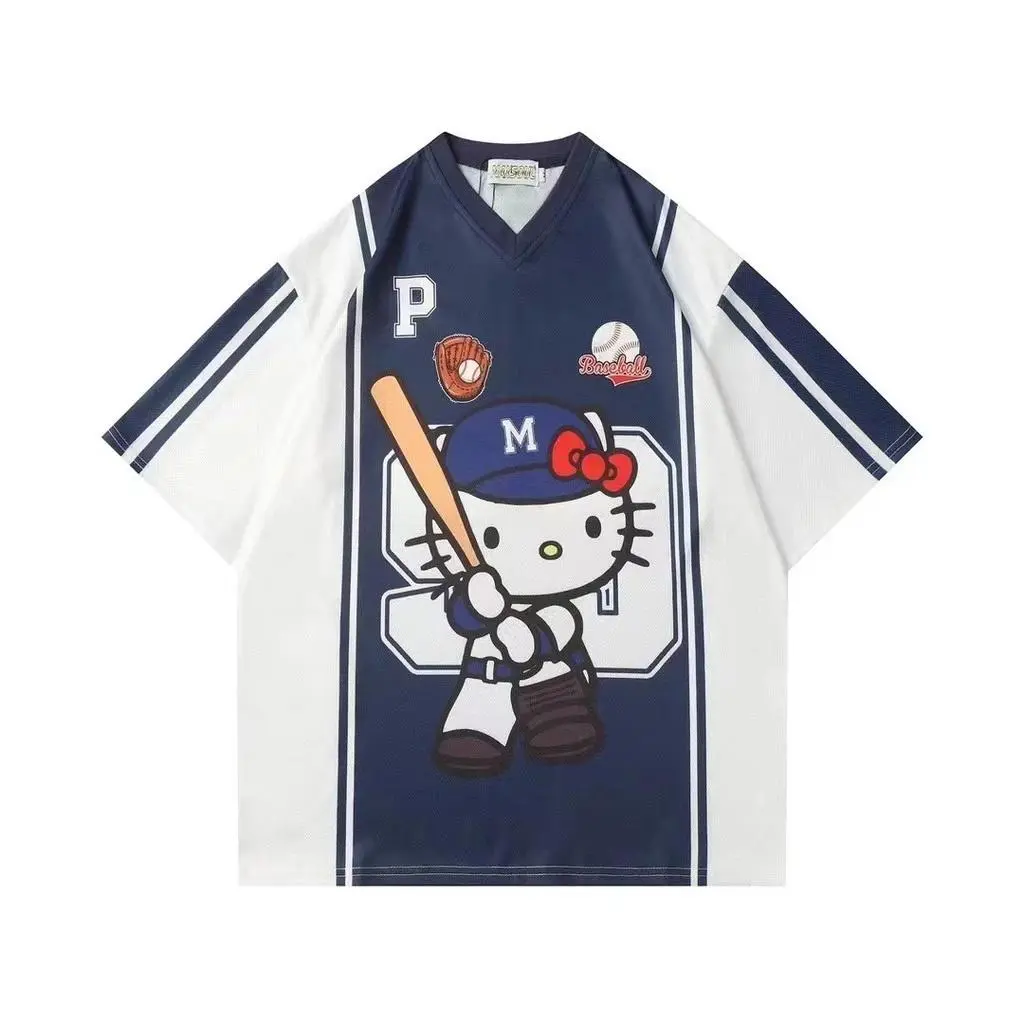 Goods In Stock American Retro Childlike Ins Cartoon Color Matching Jersey Loose Short-Sleeved T-Shirt