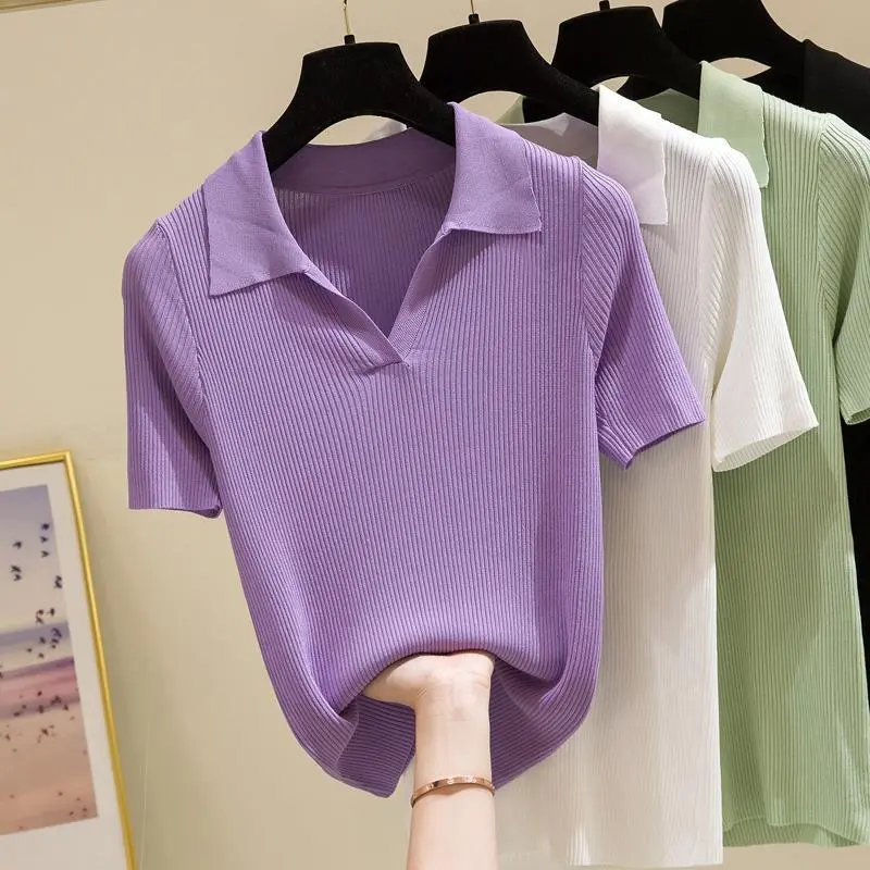 Spring Summer New Ice Silk Knitted Short Sleeve T-Shirt Women Polo Collar Sweet Stylish Purple Top Blouse Trendy