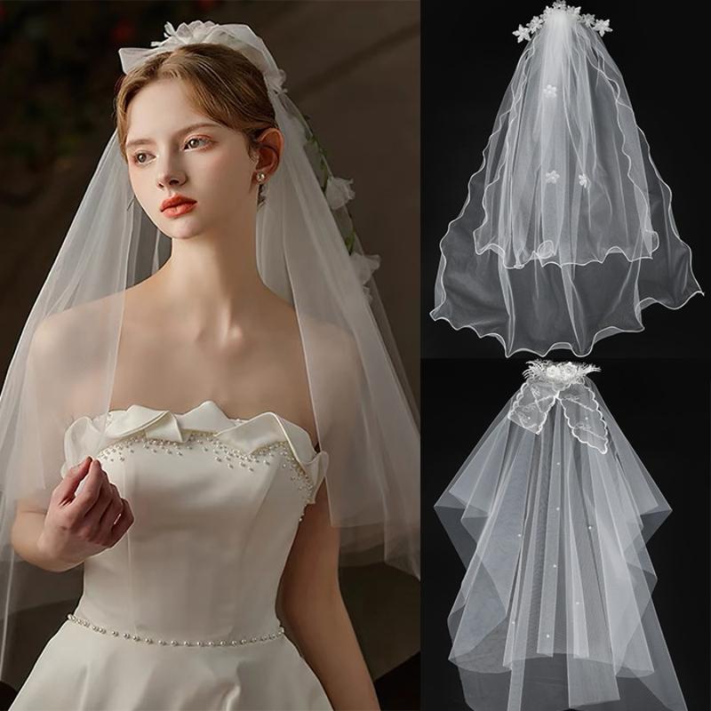  Mũ Ren Trắng Cho Nữ Lược Chải Tóc Nơ Cô Dâu Mạng Che Mặt Lưới Hoa Phụ Kiện Tóc 