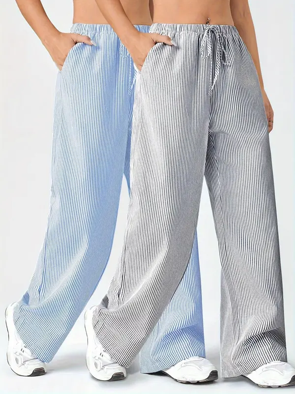 Women's Striped Print Drawstring Waist Straight Leg Pants, Casual Comfy Pocket Design Trousers for Daily Wear, Clothing, Ladies Bottoms for Summer 0