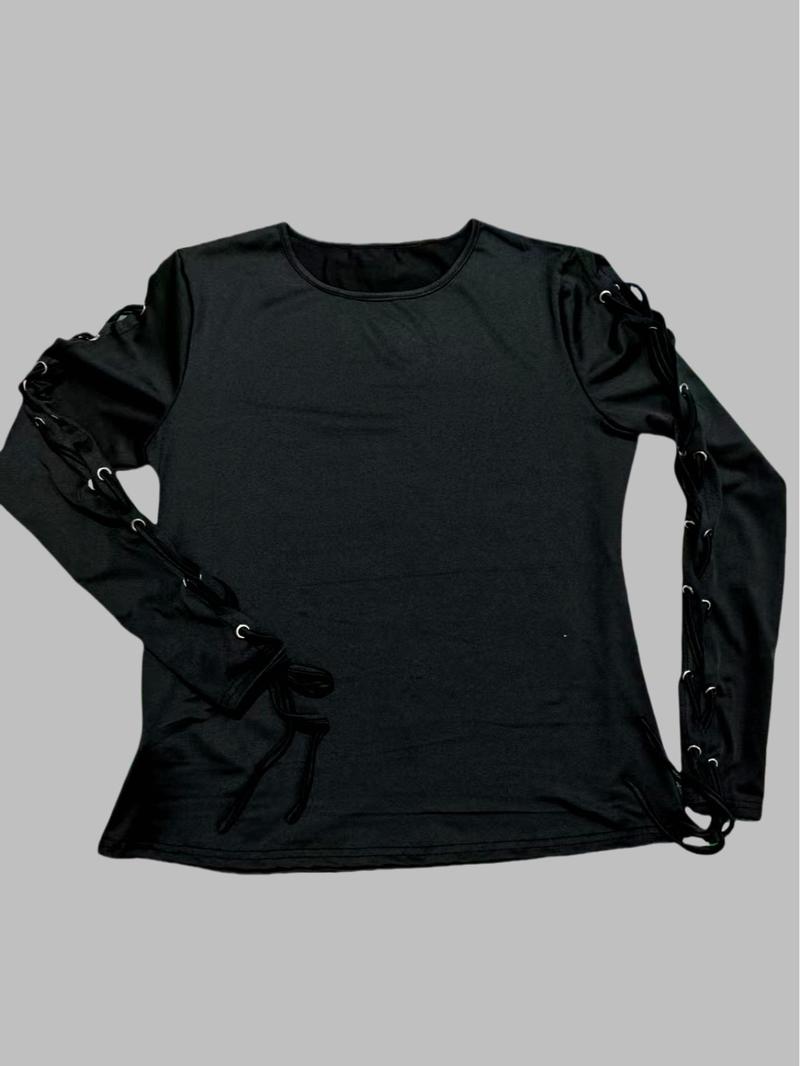 Product Introduction of Women's Solid Lace Up Sheer Tee, Fashion Casual Long Sleeve Round Neck T-shirt for Spring & Fall, Women's Top for Daily Wear 4